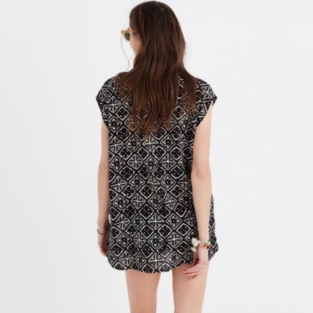 Madewell Lace-Up Cover-Up Tunic Black Printed Size Medium Bohemian G2555 Boho M - Picture 7 of 8